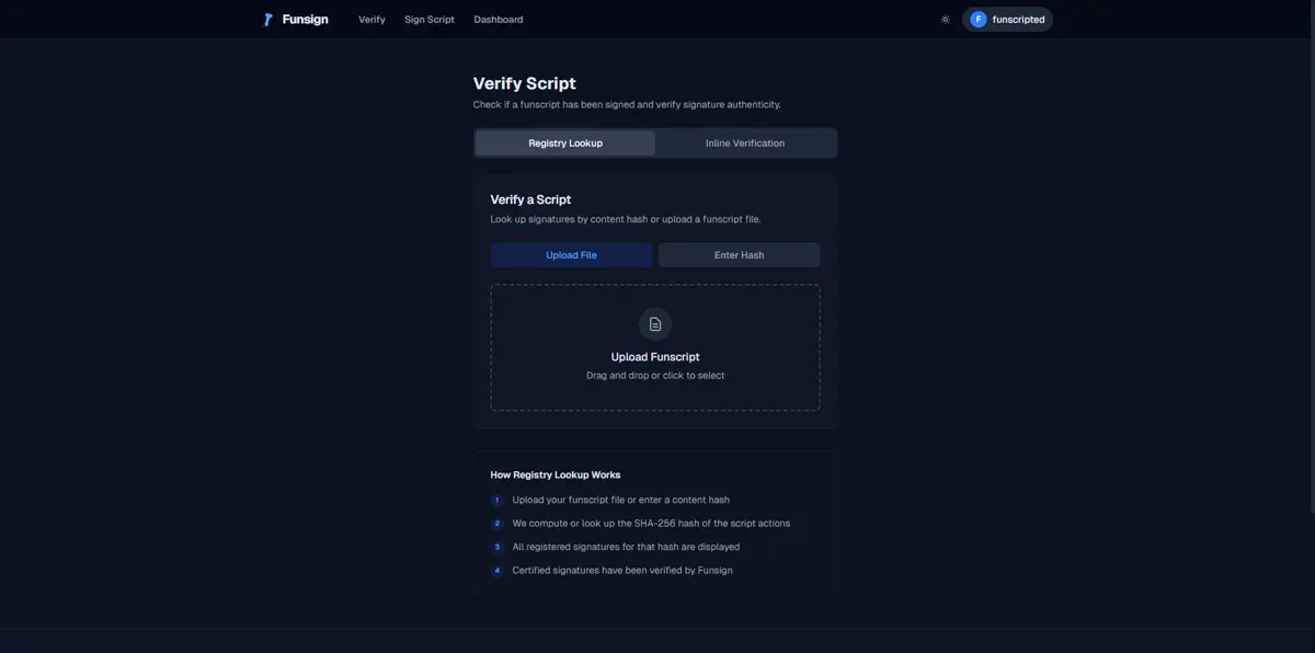 FunSign verification page showing signature lookup and authenticity check