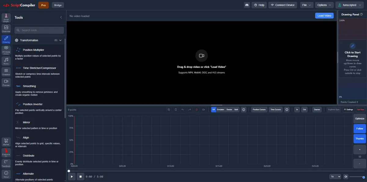 ScriptCompiler editor with video player, timeline, script points, and editing tools